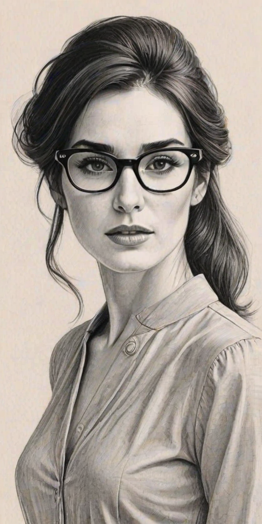 Enchanting Paz Vega, pencil sketch, portrait of Appealing woman 1963s in glasses, hair style beatnik, outline, clear lines, fine lines, 8k