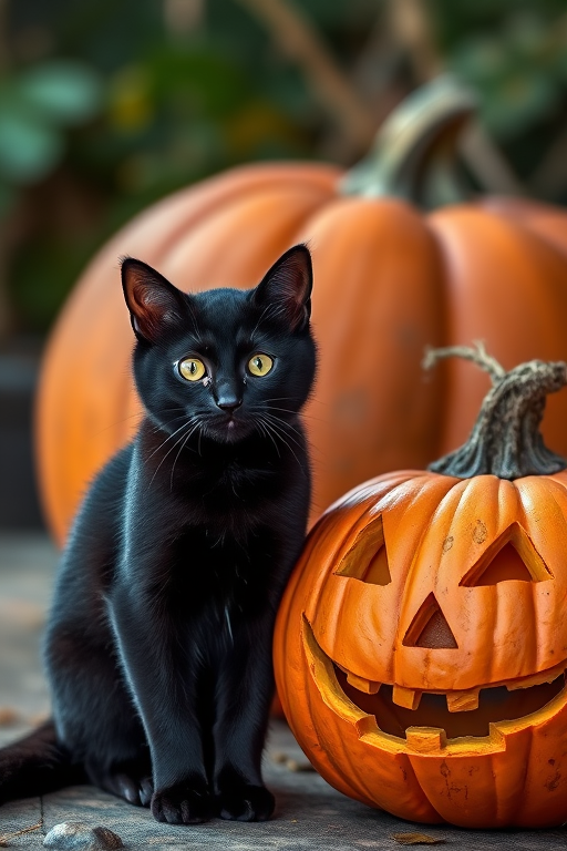 Create a high-resolution image of a black cat standing next to a carved pumpkin with a spooky face, shot with a DSLR camera at f/2.8 aperture, ISO 100, 50mm lens, using soft natural lighting and a shallow depth of field to emphasize the subjects.