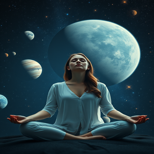 A serene woman meditating in space with planets and galaxies in the background, shot with a Canon EOS R5, 50mm lens, f/1.4 aperture, ISO 100, in low light conditions, utilizing a soft focus style to enhance ethereal qualities.