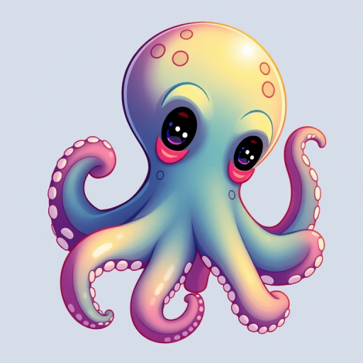 Create a high-resolution, digitally illustrated octopus character with smooth gradients and a whimsical design, using a Canon EOS R5 camera with a 50mm f/1.2 lens, shot at f/2.8, ISO 100, and a natural light setting to enhance color vibrancy and detail.