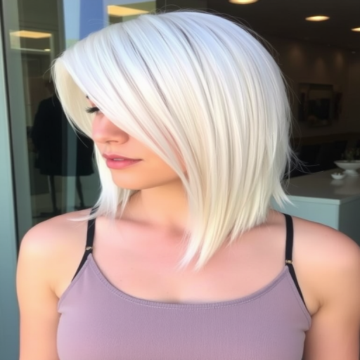 Sleek platinum blonde bob known as "Arctic Whisper" boasts razor-sharp edges and a glass-like shine, accented with delicate ice-blue lowlights for added dimension