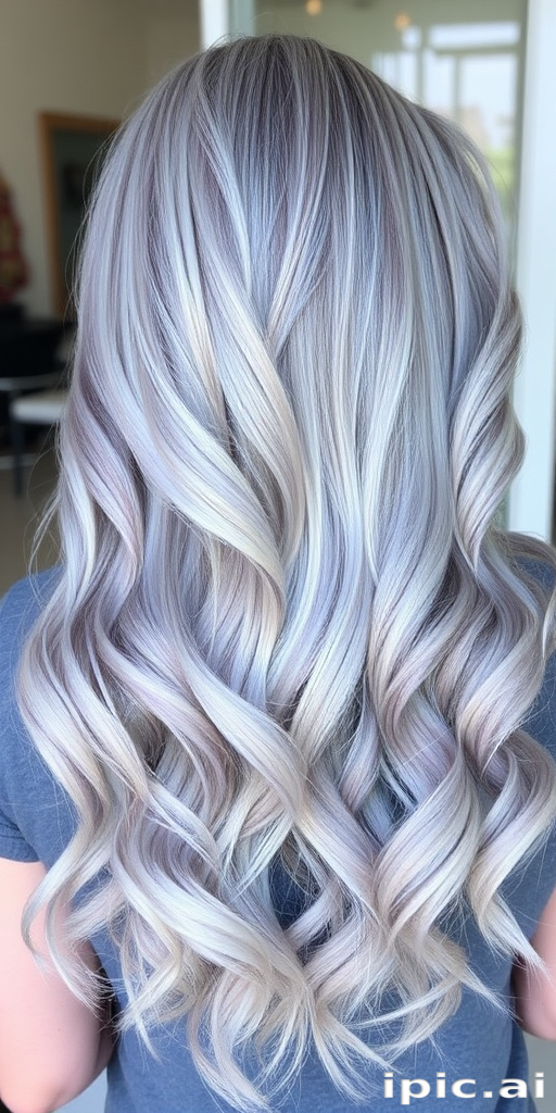 Mesmerizing silver-gray locks in the "Moonlight Sonata" style, long layered cut with feathered ends, subtle blue-tinted highlights throughout, soft romantic waves flowing down back, side-swept bangs blending seamlessly