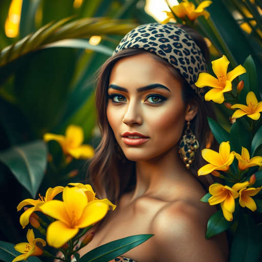 portrait of a woman with a leopard-print headpiece surrounded by tropical foliage and vibrant yellow flowers, soft focus background, natural light, f/2.8 aperture, 85mm lens, shot on a DSLR camera with high-resolution settings, golden hour lighting for warm tones