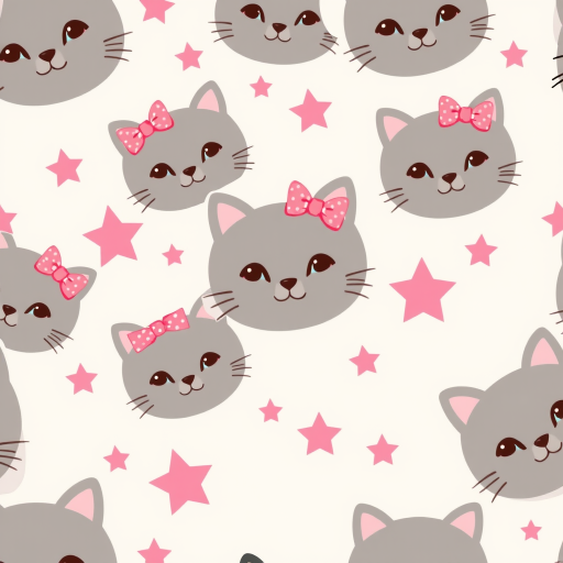 Create a seamless pattern featuring cute cartoon cat faces with pink bows on a light background interspersed with pink stars
