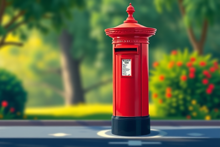 Create a vibrant illustration of a classic red British postbox, captured from a front view with a shallow depth of field, using a DSLR camera, aperture f/2.8, shutter speed 1/250s, ISO 100, emphasizing bright colors and smooth gradients.