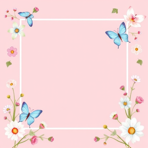 Create a delicate and whimsical border featuring colorful butterflies and blooming flowers. The design should include a soft pink background within a geometric shape, surrounded by various pastel flowers and butterflies in shades of blue and pink. Add subtle gold accents for a touch of elegance.