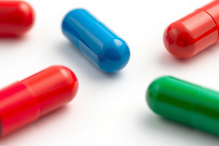 three capsules in red, blue, and green colors on a white background, shot with a Canon EOS R5, 50mm f/1.2 lens, aperture f/2.8, ISO 100, natural lighting, shallow depth of field, high-resolution macro photography