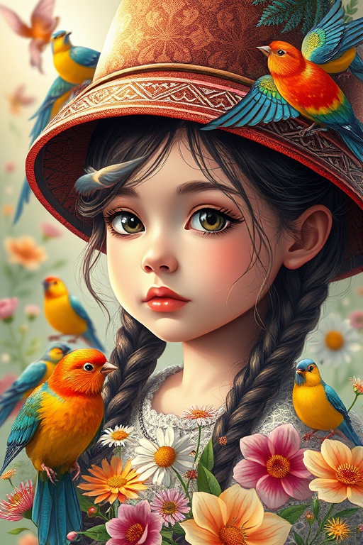 Create a beautifully detailed illustration of a young girl with braided hair wearing an ornate hat surrounded by colorful birds and flowers, captured in a soft-focus, natural light, with a DSLR camera at f/1.8, ISO 200, 50mm lens, using a vibrant color palette to enhance the overall warmth and intimacy of the scene.