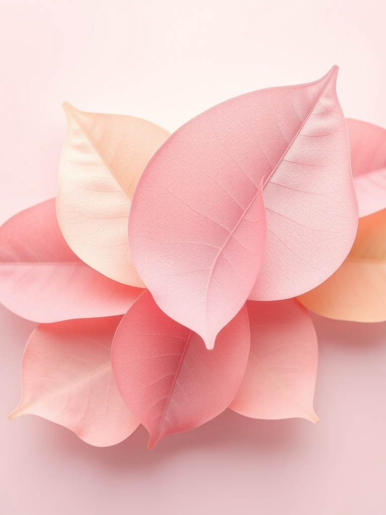 regenerate an artistic illustration of overlapping leaves in soft pastel colors with a minimalist background, use a Canon EOS R5 camera, aperture f/8, shutter speed 1/125 sec, ISO 100, top-down view, soft focus style