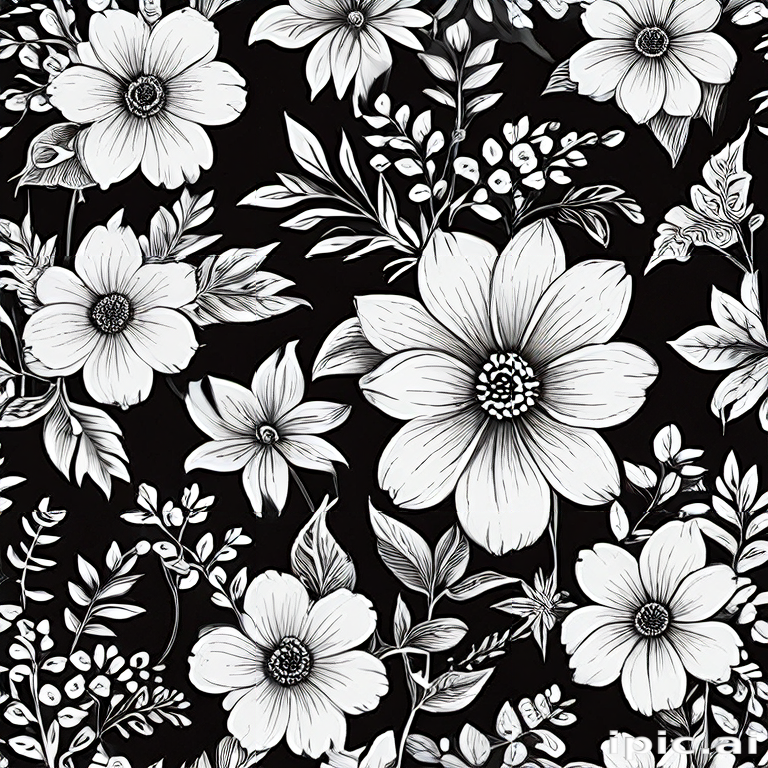 Elegant Black and White Floral Pattern Featuring Various Blossoms and ...