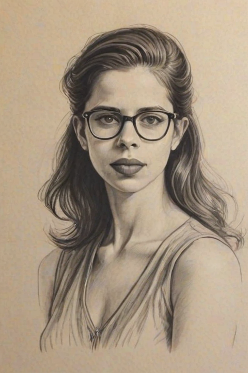 Alluring Kalki Koechlin, pencil sketch, portrait of Comely woman 1932s in glasses, hair style beatnik, outline, clear lines, fine lines, 8k