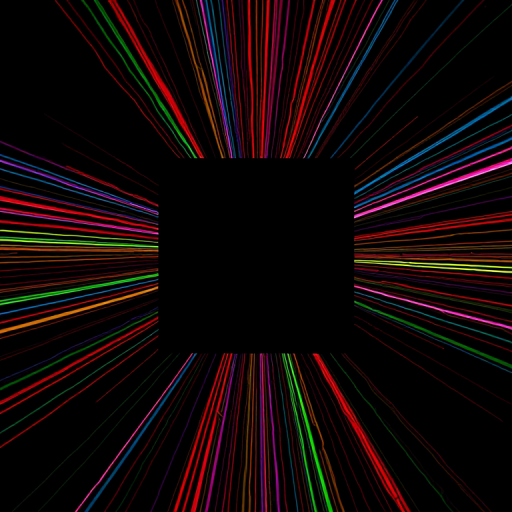 Create an abstract image featuring a central blank square with vibrant, colorful streaks radiating outward from the edges against a black background, captured with a DSLR camera at f/2.8, ISO 100, 1/60 sec, using a wide-angle lens for enhanced depth and clarity.