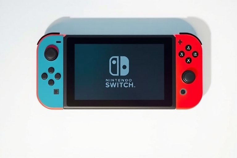 Create a high-resolution image of a Nintendo Switch console on a plain background, using a Canon EOS R5 camera, 50mm lens, f/1.8 aperture, ISO 100, natural lighting, and a top-down view for clarity and detail.