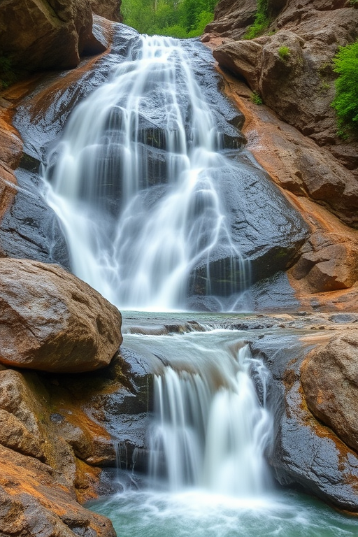 Capture a high-resolution image of a waterfall cascading down rocky terrain, focusing on the smooth flow of water and surrounding greenery, using a DSLR camera with a 24mm lens, f/11 aperture, ISO 100, 1/4 second shutter speed, and natural lighting.