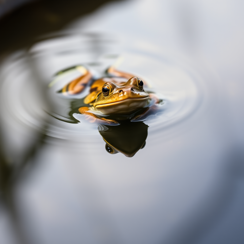 frog swimming in calm water reflecting its image, shallow depth of field, ISO 200, aperture f/4, shutter speed 1/500s, captured with a DSLR camera in natural light, macro lens, low angle view