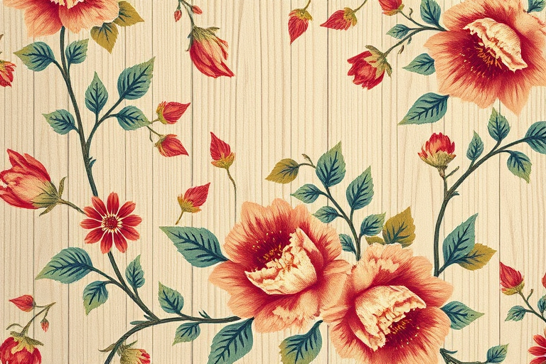 create a vintage floral wallpaper design with intricate details and vibrant colors, set against a textured wooden background, using a macro lens, f/2.8 aperture, ISO 100, 50mm lens, natural lighting for enhanced clarity and saturation