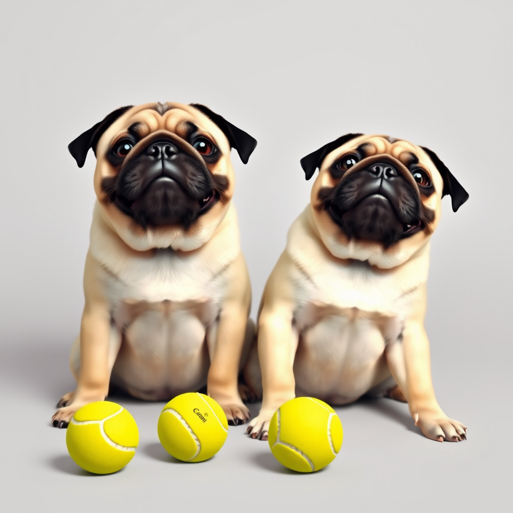 Create a digital illustration of two playful pugs sitting on a neutral gray background, one sitting upright while the other is lying down, with two tennis balls nearby; use a Canon EOS R5 camera with a 50mm lens, aperture set to f/2.8 for a soft background blur, and a high dynamic range to enhance colors and details.