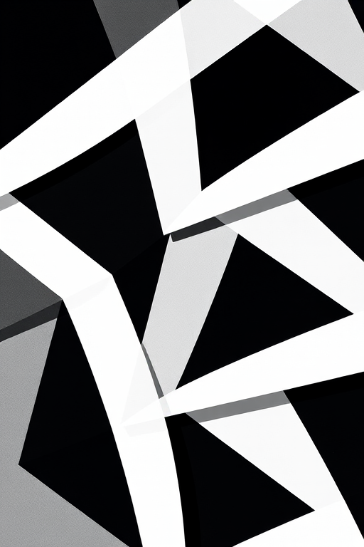 Create an abstract black and white geometric pattern with sharp angles and overlapping shapes, captured using a DSLR camera, 50mm lens, f/1.8 aperture, ISO 100, and natural light for enhanced contrast and detail.