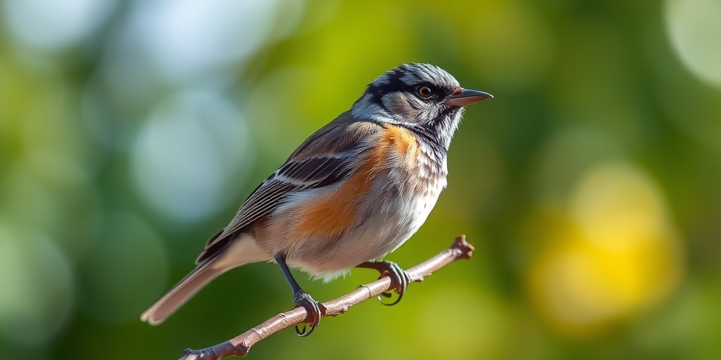 Capture a close-up of a bird perched on a branch, using a DSLR camera with a 50mm lens at f/2.8 for a shallow depth of field, ISO 200, and a shutter speed of 1/500s, in natural sunlight to highlight details and colors, with a blurred green background for contrast.