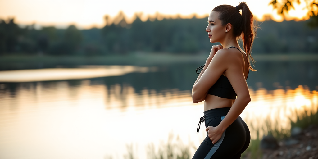 Create an image of a woman standing by a serene lake in a sporty black outfit, captured at sunset with soft, golden lighting, using a DSLR camera with a 50mm lens, aperture set to f/2.8, ISO 200, and a shallow depth of field to emphasize the subject against a blurred natural background.
