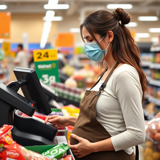 young pregnant woman as a walmart cashier ringing up someone's groceries she works there. shes wearing a surgical mask