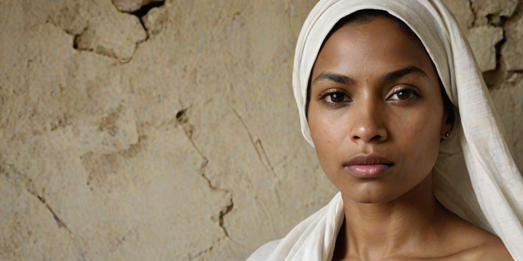 Create a close-up photographic image of a Indo-Caribbean woman with light skin tones shown against an old, worn wall. Their head is wrapped in a white cloth covering (i.e.... parts of the head except the nose and mouth, which are open as if they are screaming...), with a slight texture and visible folds in the fabric. Thin strands of blonde hair escape from the wrapping above, falling lightly at the top and sides. Their hands hold the fabric as if they are tugging nervously. The lighting is dramatic and even, casting strong shadows. The image has a minimalist and surreal style with an emphasis on simplicity with soft color tones. The composition is centered.