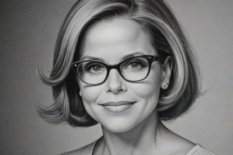 Pleasing Katie Couric, pencil sketch, portrait of Charming woman 1959s in glasses, hair style beatnik, outline, clear lines, fine lines, 8k