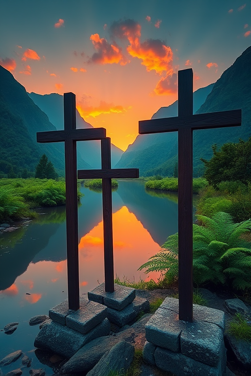 A serene landscape at sunset featuring three large wooden crosses in the foreground, reflected in a calm river surrounded by lush ferns and green mountains, taken with a Canon EOS R5, 24mm lens, f/8 aperture, ISO 200, in a vibrant and dramatic style.