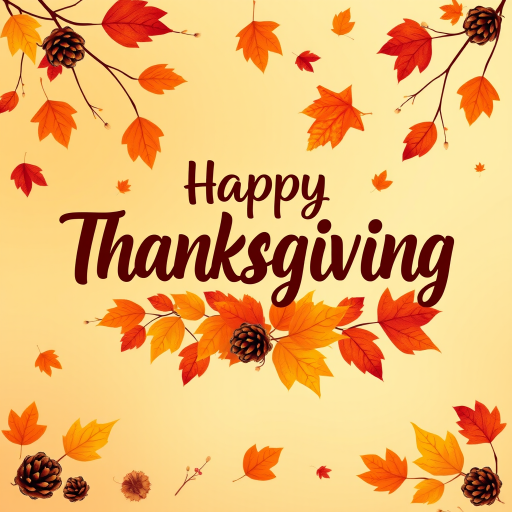 Create a warm and festive autumn-themed image with a gradient background of orange and yellow hues. Include a variety of falling leaves in shades of red, orange, and brown. In the center, display the text "Happy Thanksgiving" in a stylish and inviting font, using a dark brown color for contrast. Add subtle decorative elements like pine cones and additional leaves for a cozy, seasonal feel.