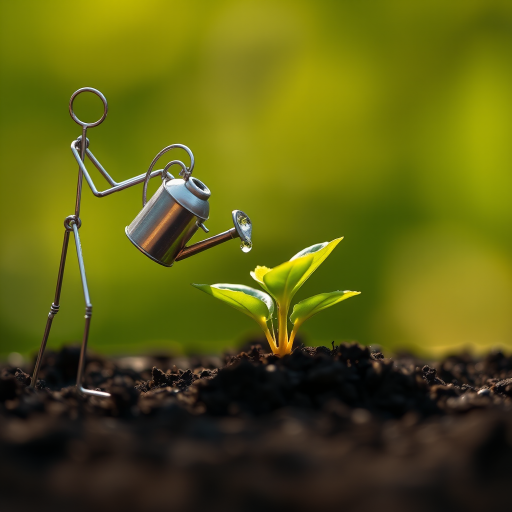 A metal figurine of a person, constructed from thin, silver rods, stands on the left side of the image, facing the viewer. The figurine is holding a small watering can and pouring water onto a young plant, with a few droplets in the air. The plant, with lush green leaves, is situated in the center, growing from dark soil. The background is a soft, out-of-focus blur of green, illuminated by warm, natural light.  The composition creates a sense of depth and intimacy. The image evokes feelings of growth, nurture, and hope.