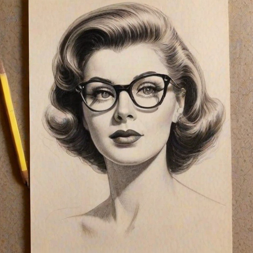 Lovely Elvira Lind, pencil sketch, portrait of Alluring woman 1945s in glasses, hair style beatnik, outline, clear lines, fine lines, 8k