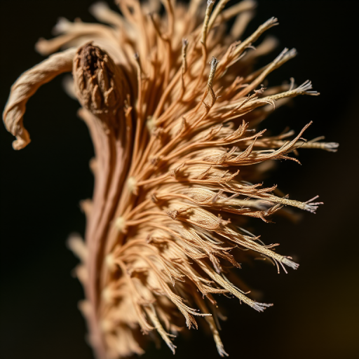 Close-up of a dried plant with intricate textures and details, shallow depth of field, natural light, aperture f/2.8, ISO 100, 50mm lens, DSLR camera, macro photography.