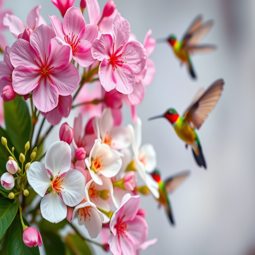 Create a vibrant floral arrangement featuring pink blossoms, white flowers, and colorful hummingbirds, with a soft-focus background, using a DSLR camera at f/2.8, ISO 100, 200mm lens, shot from a slightly above angle to capture depth and detail.