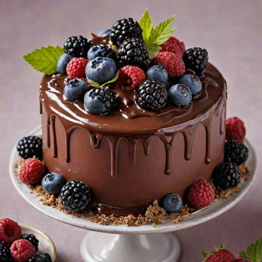 Create a decadent cake topped with a generous layer of chocolate ganache. Adorn the top with a mix of fresh blackberries and blueberries. The cake should have a smooth, elegant finish and be presented on a decorative cake stand. Include some floral elements subtly in the background for a touch of elegance.