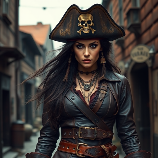 Create a portrait of a fierce female pirate. She wears a leather tricorn hat adorned with a skull and crossbones emblem, and her long, dark hair flows around her face. Her outfit consists of a richly detailed leather jacket, a corset, and multiple layers of belts and accessories, giving her a formidable and stylish appearance. She stands confidently in a dimly lit, historic port town, with a backdrop of weathered buildings and cobblestone streets, capturing the adventurous spirit of a pirate.