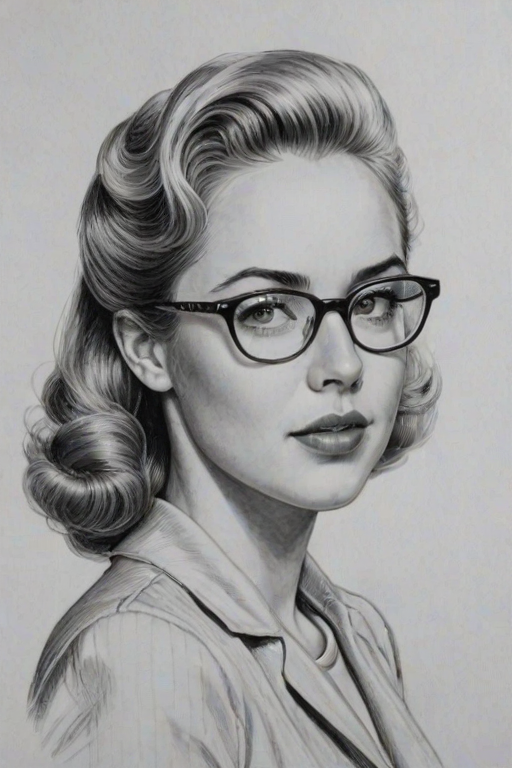 Comely Amanda Schull, pencil sketch, portrait of Pleasing woman 1940s in glasses, hair style beatnik, outline, clear lines, fine lines, 8k