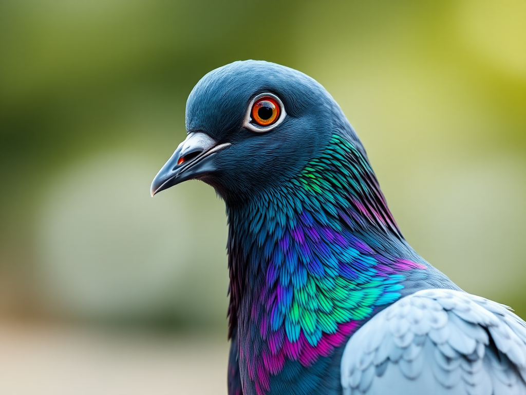 A close-up shot of a vibrant pigeon showcasing its iridescent feathers with a blurred background, shot with a DSLR camera using a 50mm lens at f/1.8, ISO 100, with natural light for enhanced colors and sharpness.