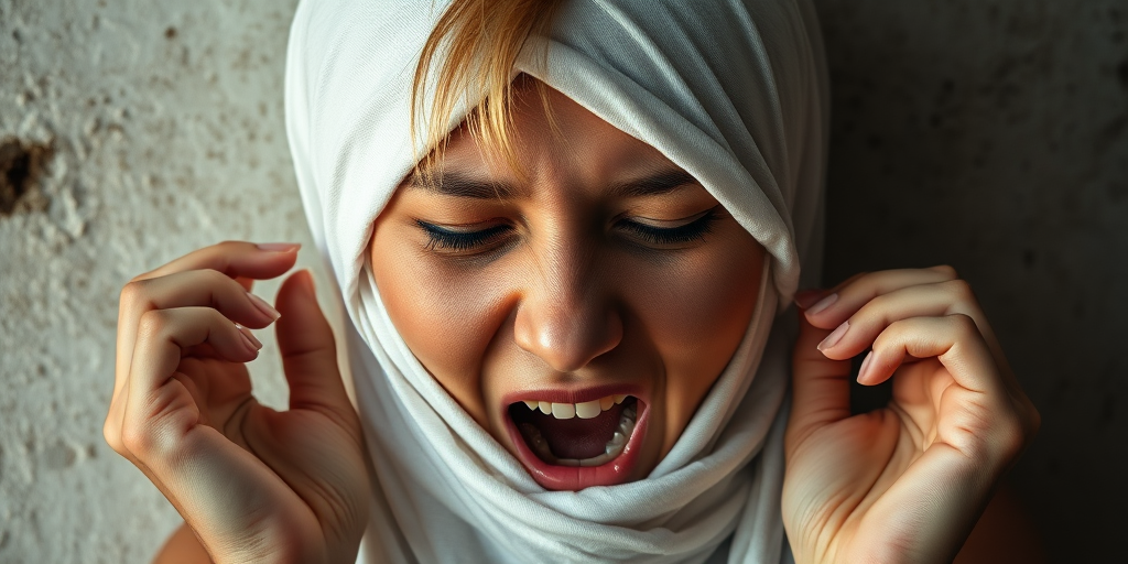 Create a close-up photographic image of a Maori woman with light skin tones shown against an old, worn wall. Their head is wrapped in a white cloth covering (i.e.... parts of the head except the nose and mouth, which are open as if they are screaming...), with a slight texture and visible folds in the fabric. Thin strands of blonde hair escape from the wrapping above, falling lightly at the top and sides. Their hands hold the fabric as if they are tugging nervously. The lighting is dramatic and even, casting strong shadows. The image has a minimalist and surreal style with an emphasis on simplicity with soft color tones. The composition is centered.