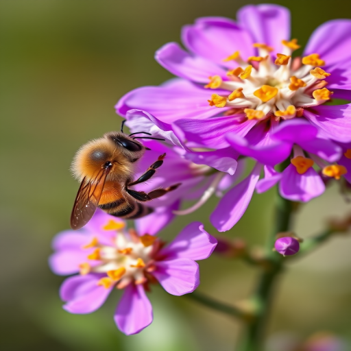 macro shot of a honeybee pollinating vibrant purple flowers, shallow depth of field, f/2.8 aperture, ISO 100, 1/200s shutter speed, soft lighting, taken with a DSLR camera using a 100mm macro lens