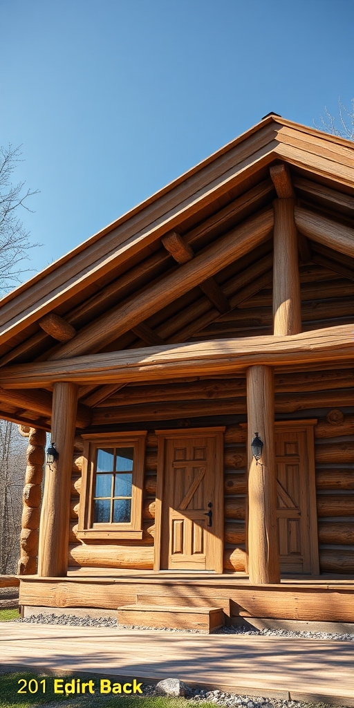 Create a high-resolution 3D render of a rustic log cabin with detailed wooden textures, natural lighting, and a clear blue sky in the background, shot with a Canon EOS R5, 24mm lens, aperture f/8, ISO 100, in an eye-level perspective, with a focus on architectural details.