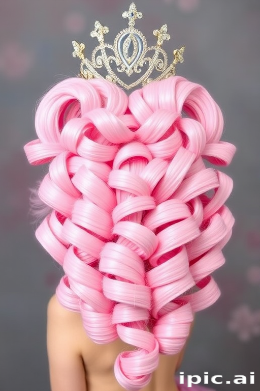 Voluminous cotton candy pink curls shaped into a heart-shaped silhouette, topped with a sparkling tiara for a whimsical princess look called Sugar Plum Fantasy