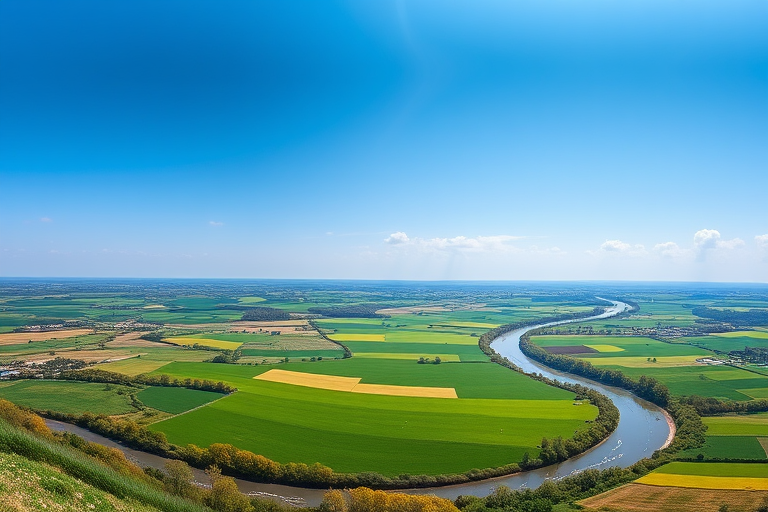 Create a high-resolution image of a serene landscape with a clear blue sky, vibrant green fields, and a winding river, captured with a DSLR camera at f/8, ISO 100, 1/200 sec, in landscape orientation, using a wide-angle lens to enhance depth and detail.