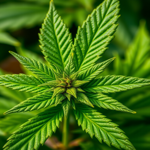 Create a high-resolution image of a stylized green cannabis leaf with intricate textures, shot with a DSLR camera in macro mode at f/2.8, ISO 200, and a shutter speed of 1/100 sec, in natural lighting to enhance color vibrancy and detail.