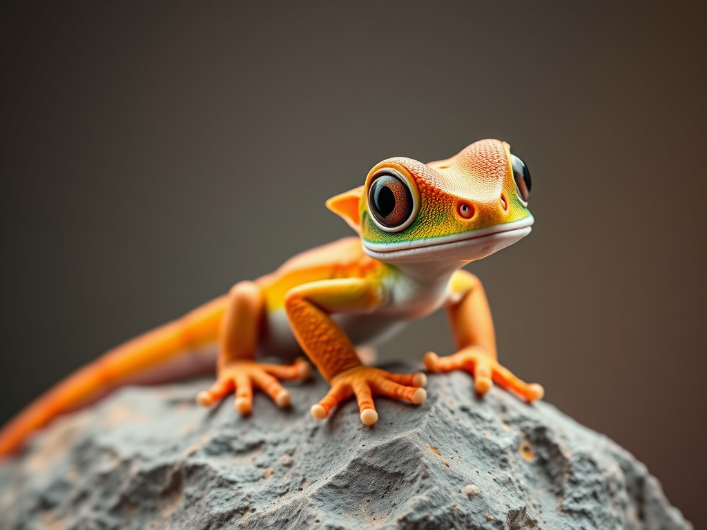 Generate an image of a cute, colorful dragon with large eyes and small wings sitting on a rock, captured with a Canon EOS 5D Mark IV at f/2.8, 1/125 sec, ISO 100, using a 50mm lens in a soft studio lighting setup for enhanced clarity and detail.