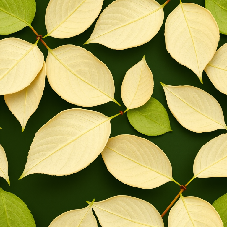 Create a seamless pattern of cream-colored leaves on a dark green background, using a macro lens, f/2.8 aperture, ISO 100, 50mm focal length, shot from a straight-on perspective to enhance leaf detail and texture.