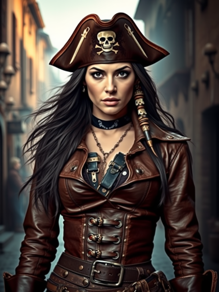 Create a portrait of a fierce female pirate. She wears a leather tricorn hat adorned with a skull and crossbones emblem, and her long, dark hair flows around her face. Her outfit consists of a richly detailed leather jacket, a corset, and multiple layers of belts and accessories, giving her a formidable and stylish appearance. She stands confidently in a dimly lit, historic port town, with a backdrop of weathered buildings and cobblestone streets, capturing the adventurous spirit of a pirate.