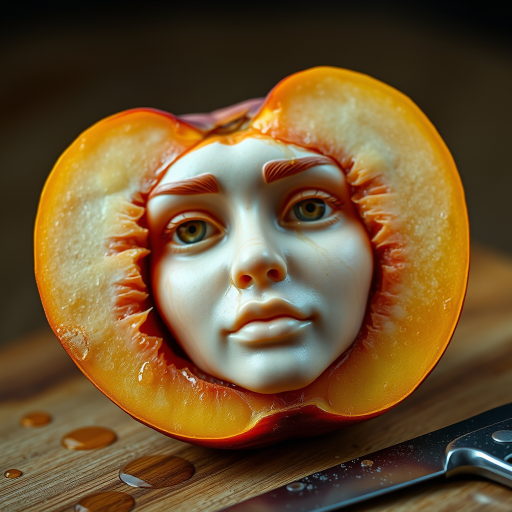 A hyperdetailed photorealistic macro color saturated high resolution image of a peach cut in half, with the peach pit being a highly detailed sculpted woman's face with her eyes open and peach-colored irises. The face has a marble texture. The image includes condensation, moisture, and peach juice. The peach is on a wooden cutting board with a small fruit knife nearby, also covered with juice.
