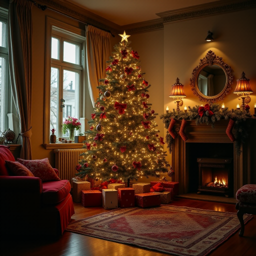 a vintage christmas tree in a cozy room