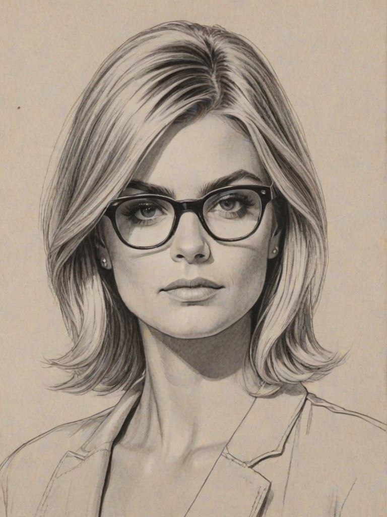 Sublime Eliza Coupe, pencil sketch, portrait of Pleasing woman 1968s in glasses, hair style beatnik, outline, clear lines, fine lines, 8k