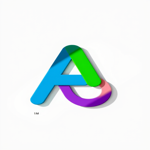 Regenerate an abstract logo design featuring a three-dimensional letter A composed of blue, green, pink, and purple sections with shadows for depth, using a Canon EOS R5 camera, 50mm lens, f/1.8 aperture, ISO 100, in natural lighting, with a crisp focus on the subject against a plain white background.
